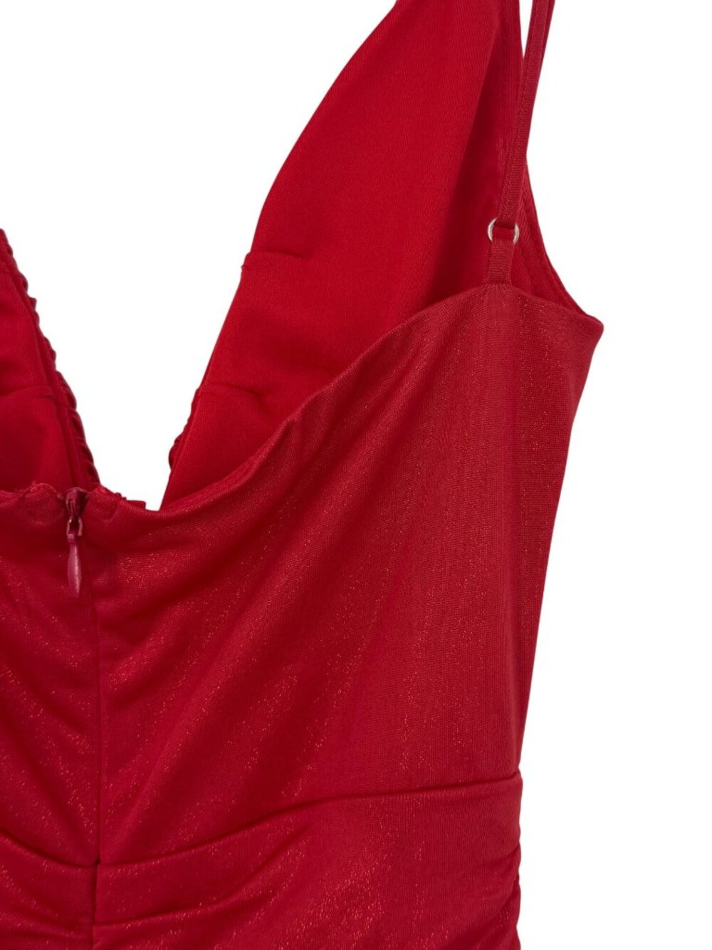 Lucy In The Sky Red Shimmer Deep V-Neck Ruched Bodycon Mini Dress XXS | Baddie - Picture 9 of 16